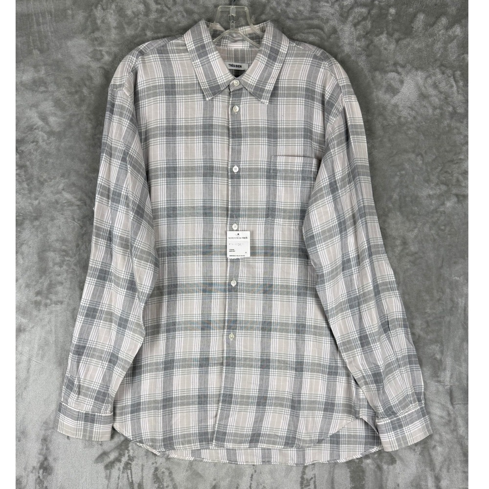 Tres Bien Mens Plaid Button Down Shirt Long Sleeve 100% Cotton Size 48